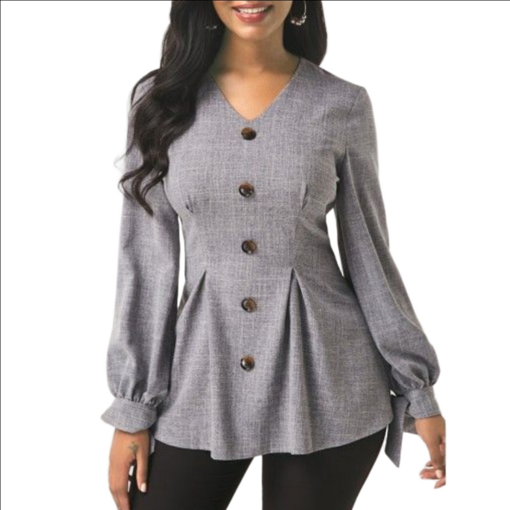 Classic Tailored Long Tied slv V neck top by Shein side zipper Sz M 8-10